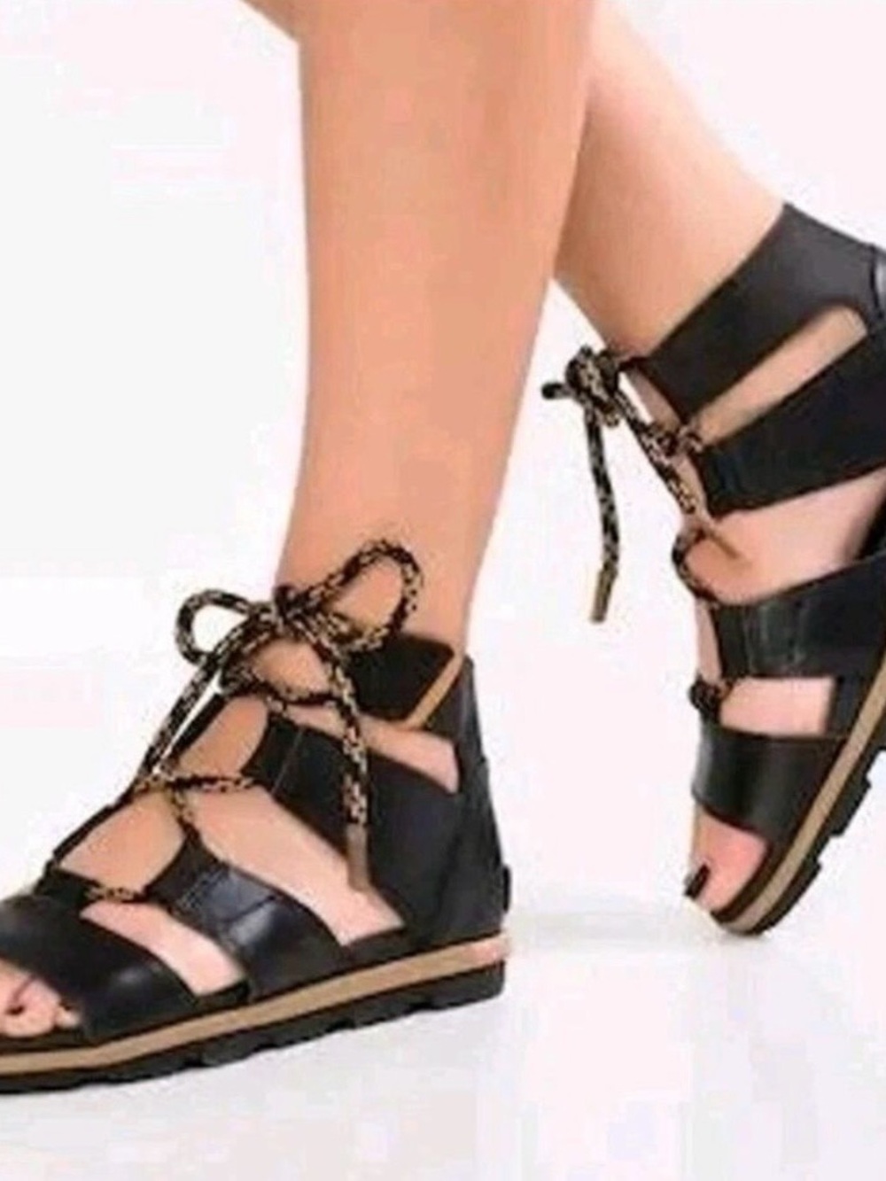 Sorel Black Lace-Up Gladiator Sandals with Patterned Laces